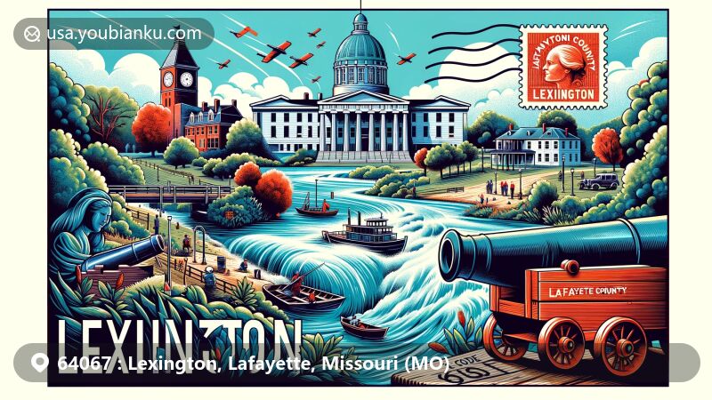 Modern illustration of Lexington, Lafayette County, Missouri, highlighting postal theme with ZIP code 64067, featuring Missouri River, vintage postal envelope, Battle of Lexington stamp, Lafayette County Courthouse, historic cannonball, and Linwood Lawn.