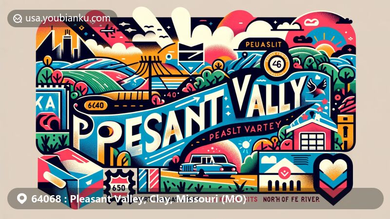 Modern illustration of Pleasant Valley, Clay County, Missouri, featuring postal theme with ZIP code 64068, showcasing air mail envelope, stamps, and postmark, as well as iconic symbols of Pleasant Valley, including North Kansas City School District. It highlights the community's education focus and strategic location at the nexus of I-35 and I-435 north of the river.