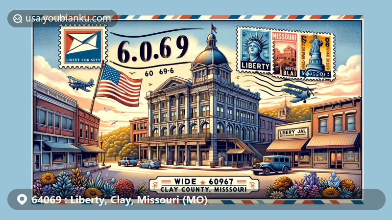 Modern illustration of Liberty, Clay County, Missouri, highlighting historic downtown with Jesse James Bank Museum, Liberty Jail, and postal theme with vintage air mail envelope and Missouri state symbols.