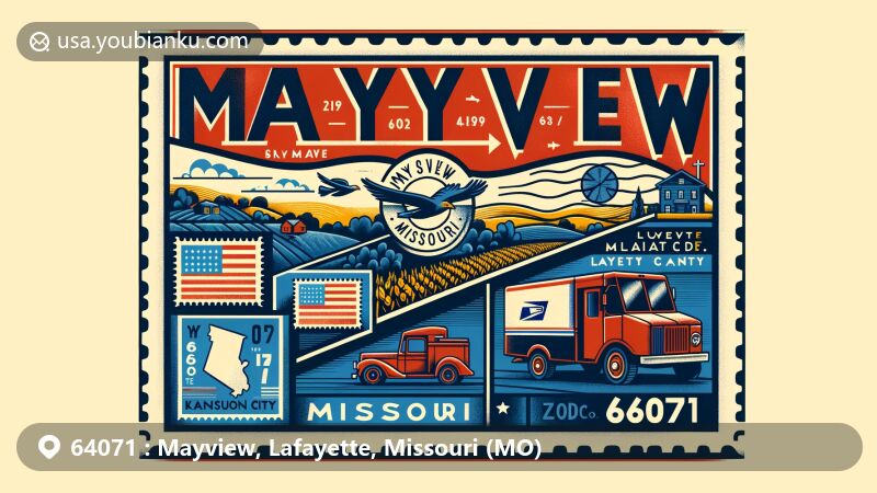 Modern illustration of Mayview, Lafayette County, Missouri, representing ZIP code 64071 and Kansas City area, with postal elements like airmail envelope, stamps, and postal truck.