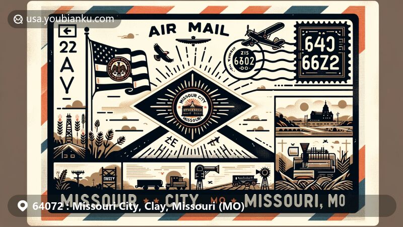 Modern illustration of Missouri City, Clay County, Missouri, showcasing vintage-style postcard design with ZIP code 64072, featuring state flag, Clay County map silhouette, and local landmarks.