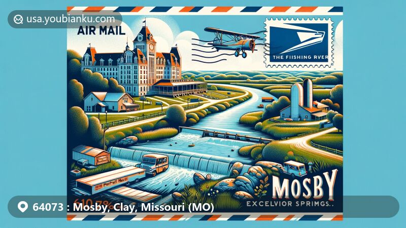 Modern illustration of Mosby area, Clay County, Missouri, incorporating postal theme with ZIP code 64073, featuring Fishing River, Elms Hotel, Hall of Waters, airmail envelope design with postal stamp, postmark, mail truck, and mailbox.