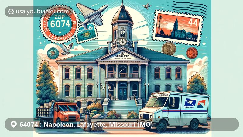 Modern illustration of Napoleon, Lafayette, Missouri, highlighting postal theme with ZIP code 64074, featuring Lafayette County Courthouse and local postal elements.