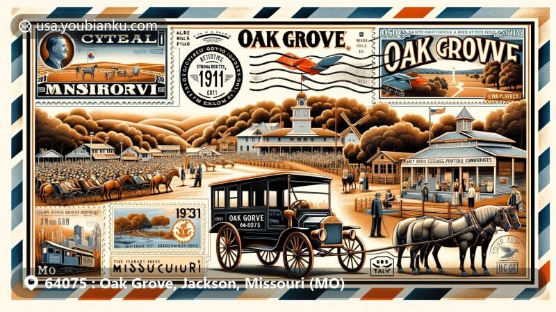 Modern illustration of Oak Grove, Missouri, integrating postal charm with 1911 horse show scene, Missouri landscapes, and future elements, featuring airmail envelope, vintage stamps, and mail carriage.