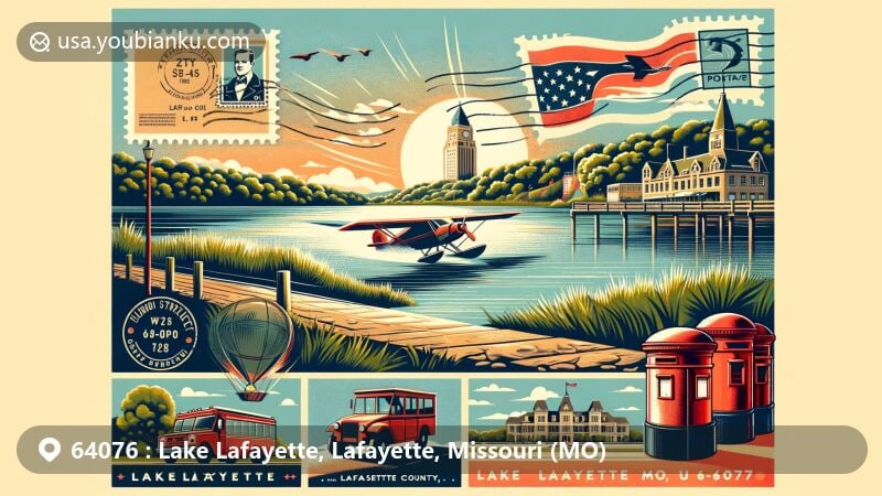 Modern illustration of Lake Lafayette, Lafayette County, Missouri, featuring postal theme with ZIP code 64076, showcasing serene beauty of the lake and possible landmarks of the county.