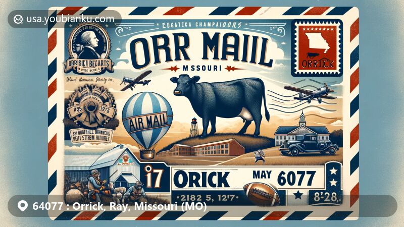 Modern illustration of Orrick, Missouri, showcasing air mail envelope with Orrick Bearcats mascot, World's Biggest Holstein Cow statue, and historical elements like Battle of Big Blue and Missouri River.