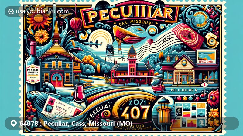 Modern illustration of Peculiar, Cass County, Missouri, highlighting the postal theme with ZIP code 64078, featuring The Peculiar Winery, Fenix Comix, Peculiar Golf, postcard, air mail envelope, stamps, and postmark.