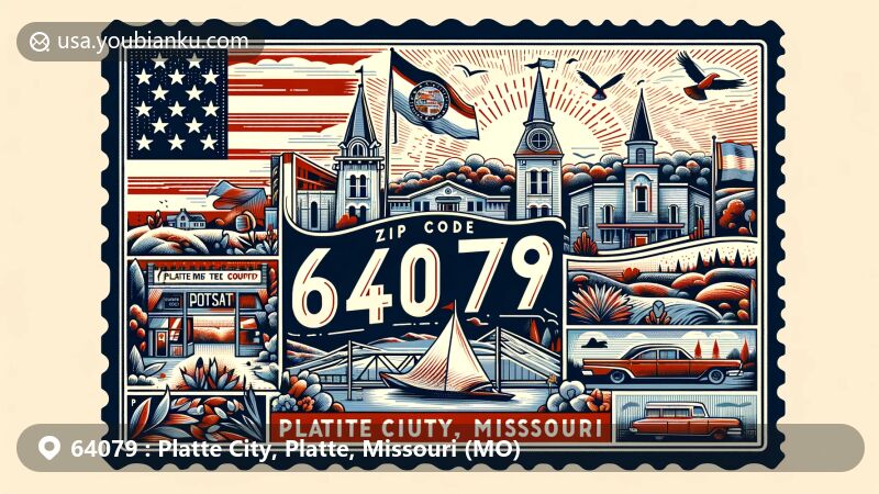 Modern illustration of Platte City, Platte County, Missouri, showcasing postal theme with ZIP code 64079, featuring prominent landmarks and symbols, including the Missouri state flag.