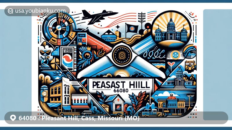 Modern illustration of Pleasant Hill, Cass County, Missouri, inspired by ZIP code 64080, featuring stylized airmail envelope with town landmarks and Missouri state symbols.