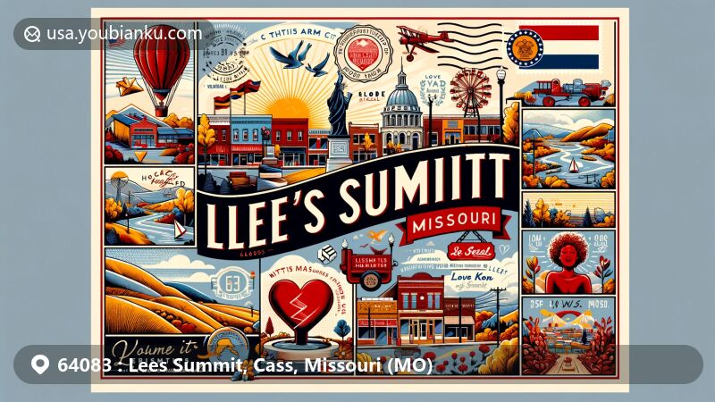 Modern illustration of Lee's Summit, Missouri, displaying ZIP code 64083, featuring vibrant cultural and historical elements in an artistic postcard format. Highlights include public murals like 'Historic Longview Farm,' 'Red,' and 'Love Local,' reflecting the community's love for arts and history. The design showcases the Lee's Summit History Museum, honoring veterans and local artists, and captures the city's downtown, parks, trails, and the iconic Hartley Heart. Missouri state symbols blend with postal elements like stamps, a postmark, and the ZIP code, creating a visually appealing representation of Lee's Summit's charm and rich heritage.