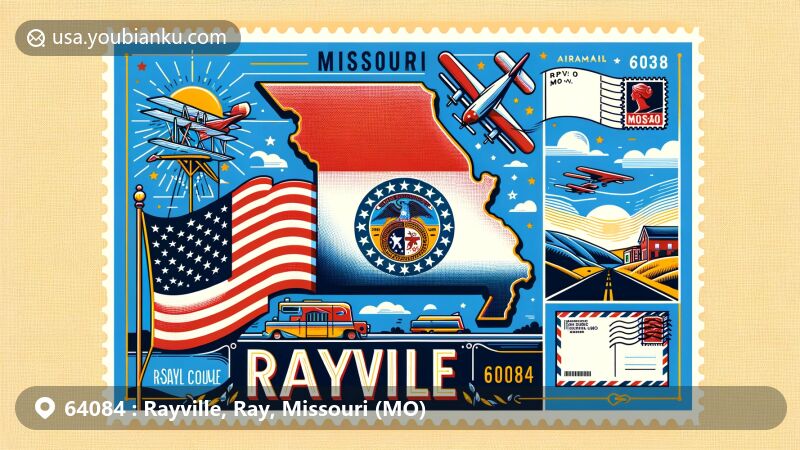 Modern illustration of Rayville, Ray County, Missouri, featuring the state flag and ZIP code 64084, integrated into a postal theme with airmail envelope and stamp design.