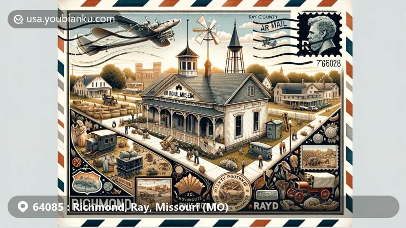 Modern illustration of Richmond, Ray County, Missouri, showcasing local culture, history, and postal heritage, featuring Ray County Museum and historical symbols. Postal theme includes Farris Theatre with '64085' ZIP code.