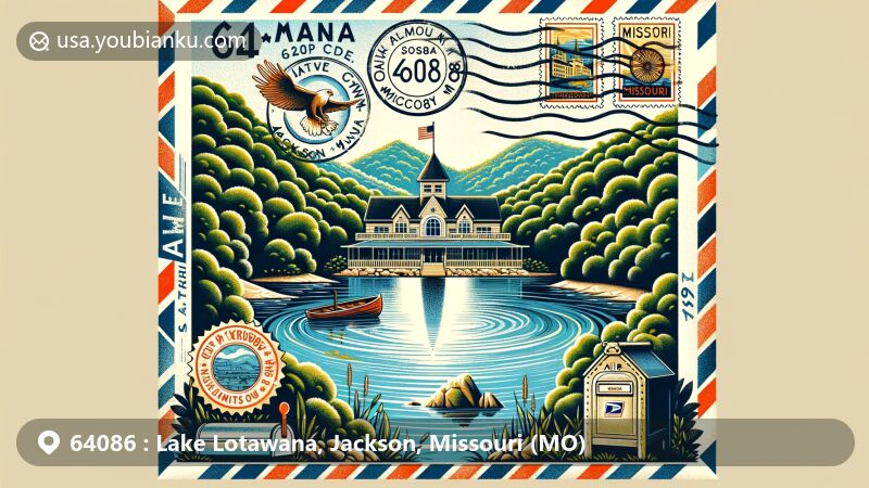 Modern illustration of Lake Lotawana, Jackson County, Missouri, featuring ZIP code 64086, depicting the area's natural beauty and rich history in a postal-themed design.
