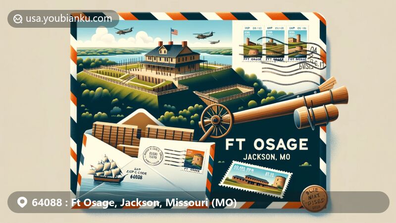 Modern illustration of Ft Osage, Jackson, Missouri (MO), showcasing historic Fort Osage overlooking the Missouri River, with airmail envelope featuring ZIP Code 64088 and text 'Ft Osage, Jackson, MO', stamps, and postmark.