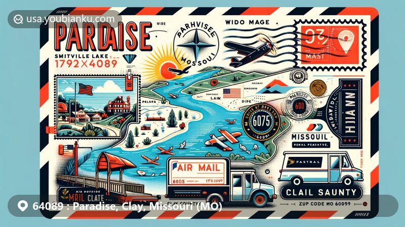 Modern illustration of Paradise, Clay, Missouri, highlighting postal theme with ZIP code 64089, showcasing Smithville Lake and Missouri state symbols.