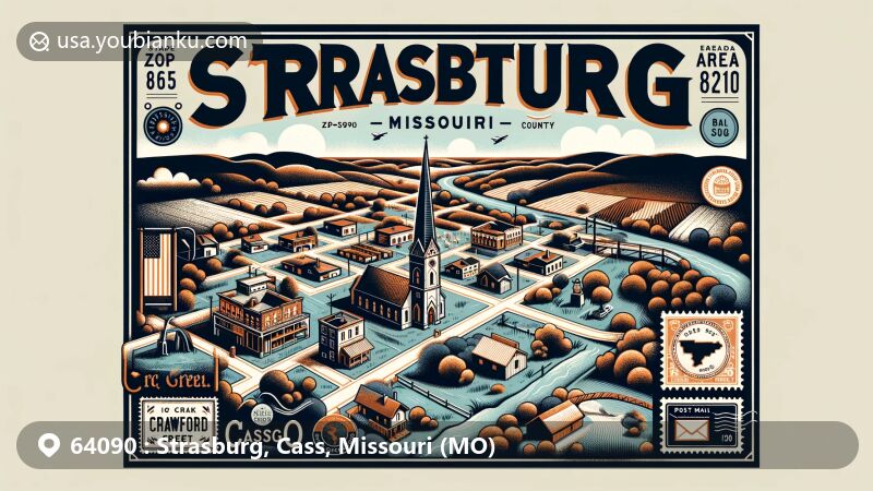 Modern illustration of Strasburg, Missouri, in Cass County, featuring compact rural landscape, Strasburg Baptist Church, Strasburg Cemetery, Big Creek, and Crawford Creek, with postal theme elements like vintage air mail envelope and ZIP code 64090.