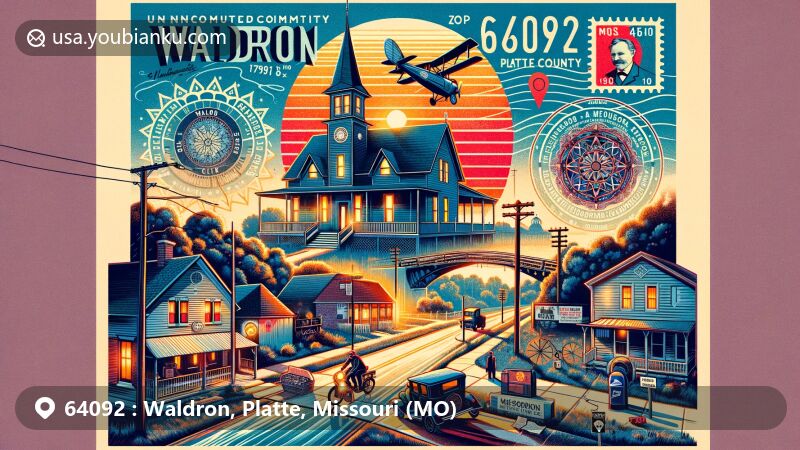 Modern illustration of Waldron, Platte County, Missouri, showcasing its unique blend of historical significance, proximity to the Missouri River, and connection to Kansas City metropolitan area, with vintage postcard elements and ZIP code 64092.