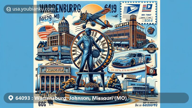 Modern illustration of Warrensburg, Missouri, showcasing local landmarks and postal elements, including Old Drum Statue, Powell Gardens, and Central Missouri Speedway, with vintage postcard background and ZIP Code 64093.