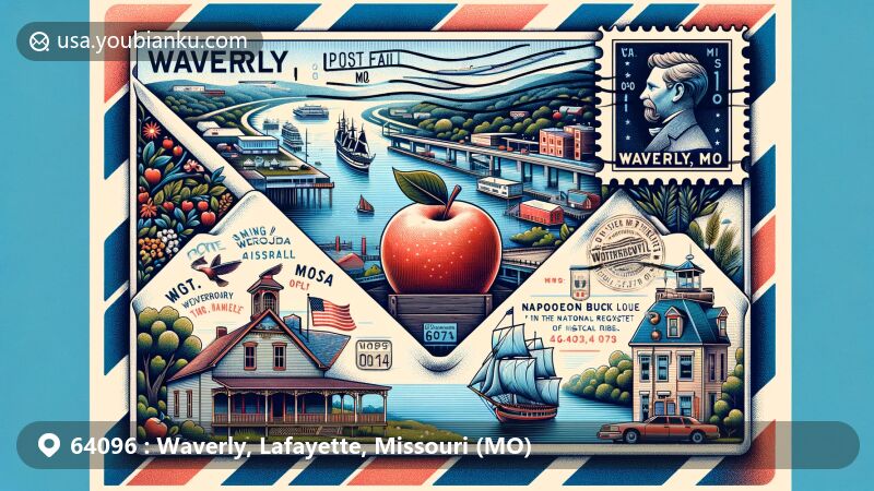 Modern illustration of Waverly, Missouri, featuring postal elements within an air mail envelope, showcasing Missouri River, Napoleon Buck House, apple heritage, and Gen. Joseph O. Shelby, with a fictional stamp displaying ZIP code 64096 and postmark 'Waverly, MO'.
