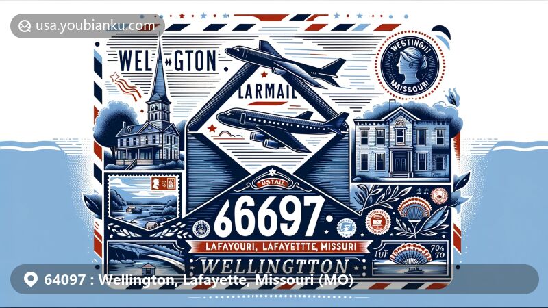 Creative illustration of Wellington, Lafayette County, Missouri, highlighting postal theme with ZIP code 64097 and airmail envelope, incorporating state elements, stamps, and postmarks.