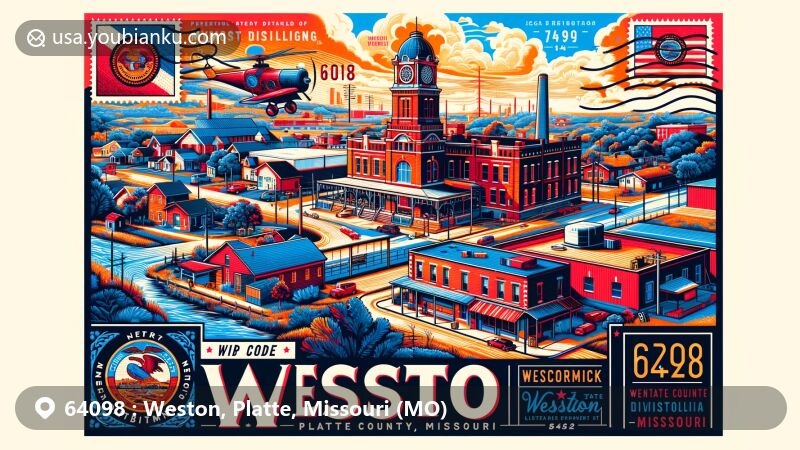 Modern illustration of Weston, Platte County, Missouri, showcasing postal theme with ZIP code 64098, featuring McCormick Distilling Company, Weston Historic District, Weston Bend State Park, and Missouri state flag.