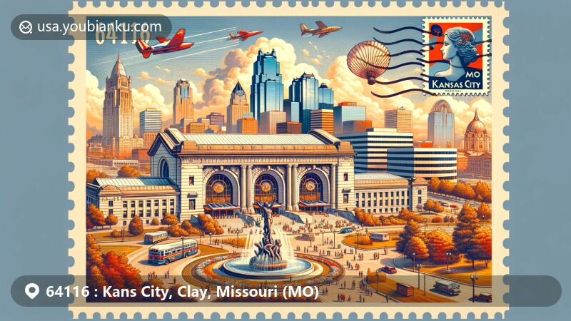 Modern illustration of Kansas City, Clay, Missouri, celebrating ZIP code 64116, featuring Nelson-Atkins Museum of Art, Union Station, Country Club Plaza, Kauffman Center for the Performing Arts, Liberty Memorial, Arrowhead Stadium, and nostalgic postal elements.