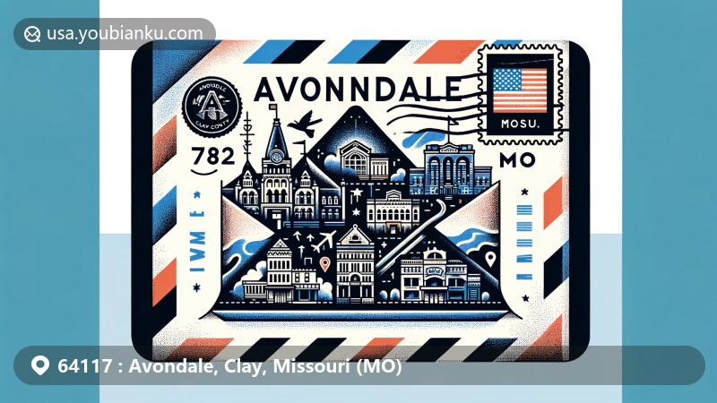 Creative illustration of Avondale, Missouri, featuring airmail envelope with historic landmarks like Elms Hotel and Hall of Waters, incorporating ZIP Code 64117.