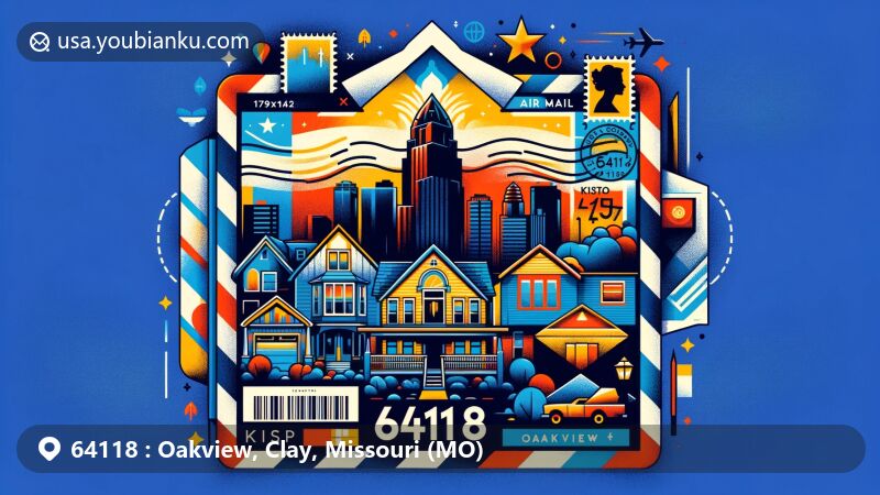 Modern illustration of Oakview in Clay County, Missouri, highlighting postal theme with ZIP code 64118, featuring Missouri state flag, Kansas City skyline, and symbols representing residential diversity and community.
