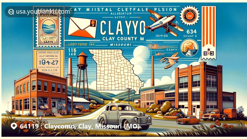 Modern illustration of Claycomo, Clay County, Missouri, embodying postal theme with ZIP code 64119, featuring local landmarks and a vintage Ford car symbolizing the Ford Motor Company's historical significance.
