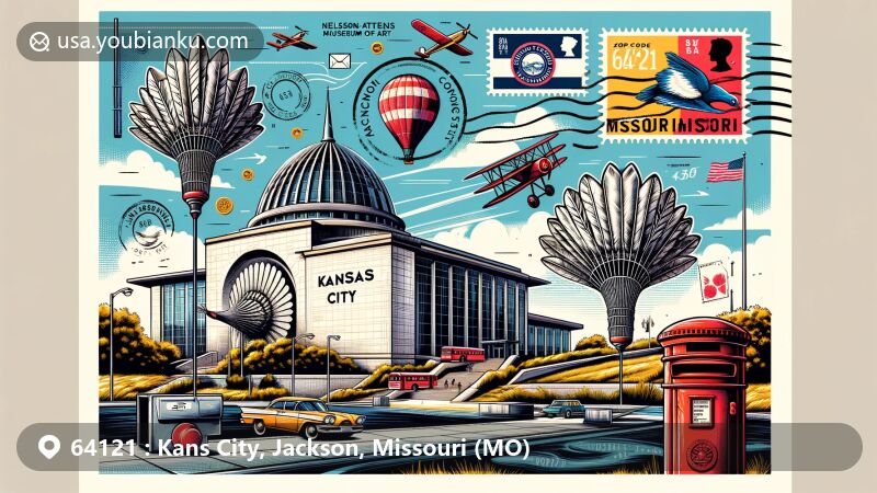 Vibrant illustration of Kansas City, Jackson County, Missouri, featuring Nelson-Atkins Museum of Art with shuttlecock sculptures and Missouri state flag, blending postal elements like vintage air mail envelope, stamps with landmarks, postmark '64121', and classic red mailbox.