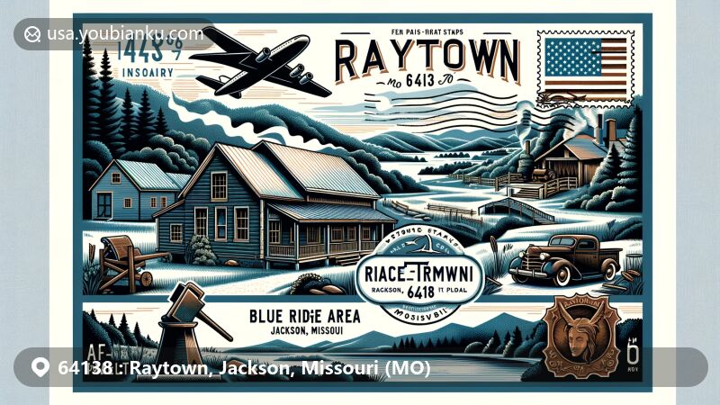 Modern illustration of Raytown, Jackson, Missouri, showcasing postal theme with ZIP code 64138, featuring Blue Ridge forests, Rice-Tremonti Home, vintage stamp, postmark with 'Raytown, MO 64138', and blacksmith shop icon.