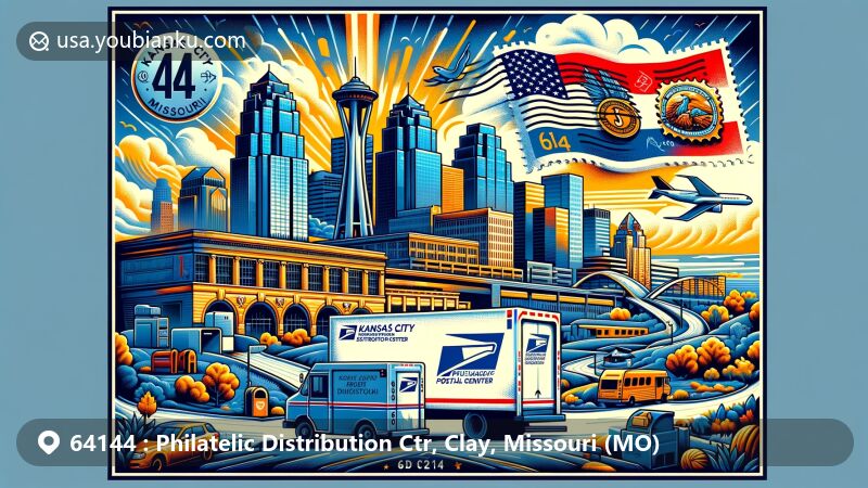 Modern illustration of Philatelic Distribution Center in Kansas City, Missouri, highlighting ZIP code 64144, featuring iconic skyline, Missouri state flag, Clay County outline, airmail envelope with custom stamp, postal elements, and prominent '64144' ZIP code.