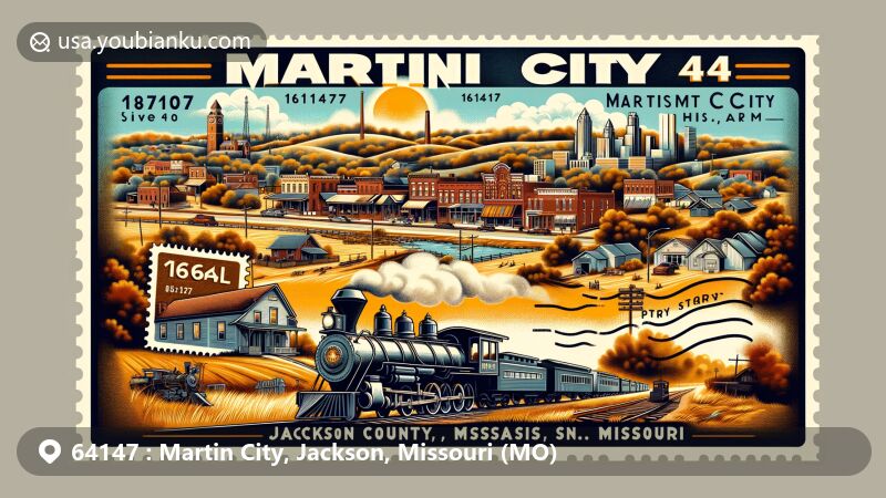 Modern illustration of Martin City, Jackson County, Missouri, featuring postal theme with ZIP code 64147, showcasing historical charm, railway heritage, and state symbols, capturing essence of community with rich history.