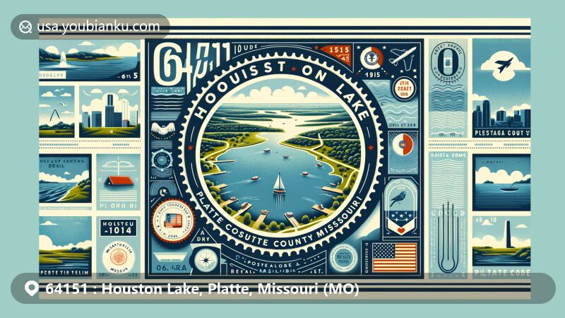 Modern illustration of Houston Lake, Platte County, Missouri, featuring postal theme with ZIP code 64151, showcasing calm waters and greenery, incorporating symbols of Platte County and Missouri state symbols like the state flag and Eastern Bluebird.