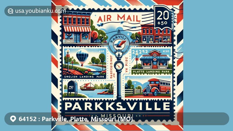 Modern illustration of Parkville, Platte County, Missouri, featuring postal theme with ZIP code 64152, showcasing historic downtown with antique shops and art galleries, English Landing Park, Platte Landing Park, and Parkville Nature Sanctuary.