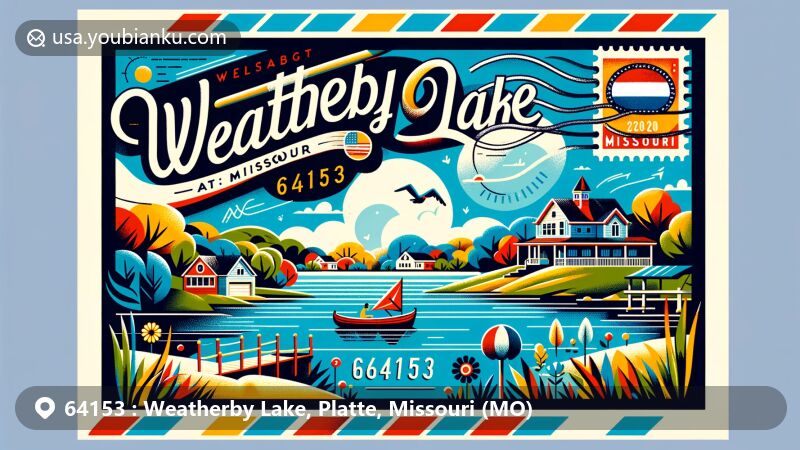 Modern illustration of Weatherby Lake, Platte County, Missouri, featuring postal theme with ZIP code 64153 and Missouri state symbols, capturing community spirit and natural tranquility.