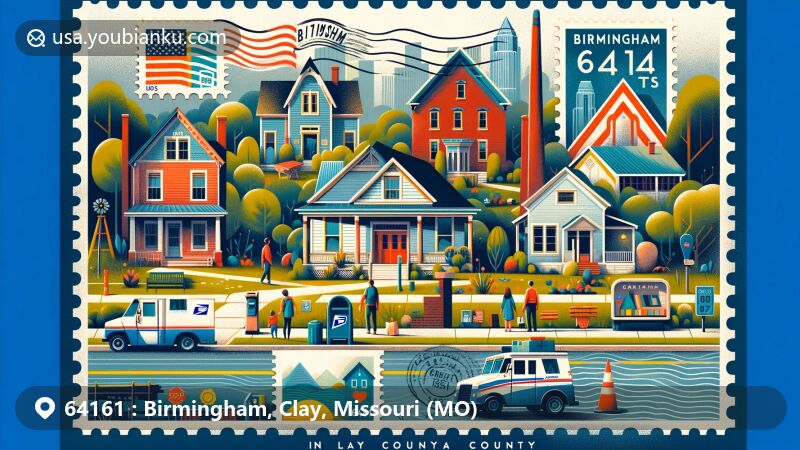 Modern illustration of Birmingham, Clay County, Missouri, featuring ZIP code 64161, showcasing small-town charm, community spirit, and educational values, with creative postal elements like postcard layout, postage stamps, and postal mark.