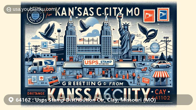 Modern illustration of ZIP Code 64162, Kansas City, Missouri, highlighting USPS Stamp Distribution Center and Clay County, featuring Missouri Statehood stamp with Bollinger Mill State Historic Site and Burfordville Covered Bridge.