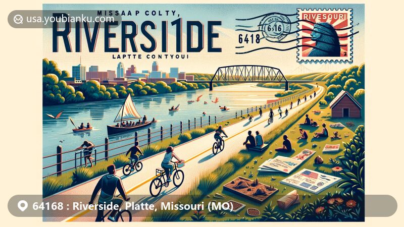 Modern illustration of Riverside, Platte County, Missouri, showcasing Missouri Riverfront Trail with biking and walking path, Renner Village Archaeological Site representing Kansas City Hopewell culture.