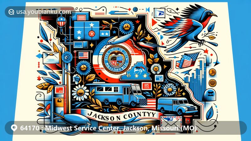 Modern illustration of Jackson County, Missouri, combining geographical and cultural elements with postal motifs such as airmail envelope, stamps, and postmark '64170'. Features Missouri symbols like Eastern Bluebird and Hawthorn flower, along with a classic postal truck.