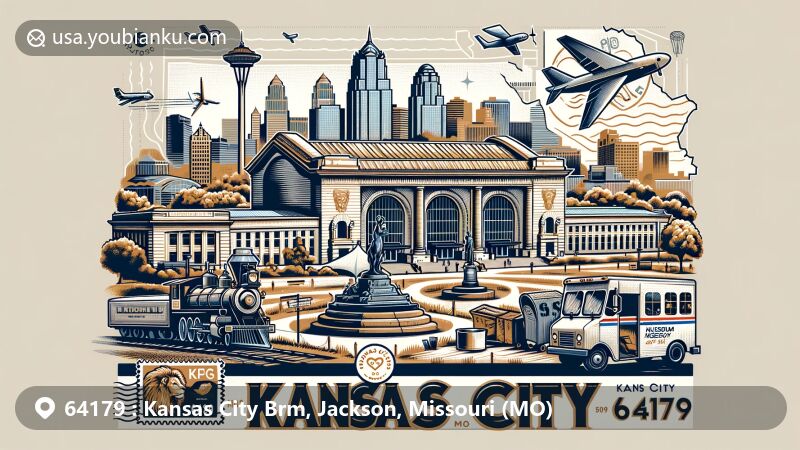 Modern illustration showcasing iconic landmarks in Kansas City, including The Nelson-Atkins Museum of Art, Union Station, Liberty Memorial, and Kauffman Center for the Performing Arts, integrated into the city's map silhouette. Features postal theme with 'Kansas City, MO 64179' ZIP code, postage stamp, postmark, mailbox, and mail truck, highlighting cultural and historical richness of the city while emphasizing the postal significance.