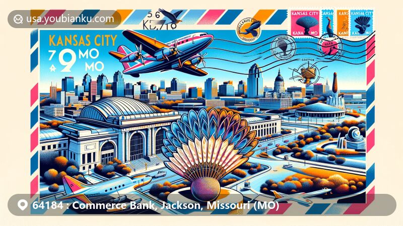 Modern illustration of Kansas City, Jackson County, Missouri, showcasing postal theme with ZIP code 64184, featuring iconic landmarks like Shuttlecock sculptures, Liberty Memorial, and jazz heritage.