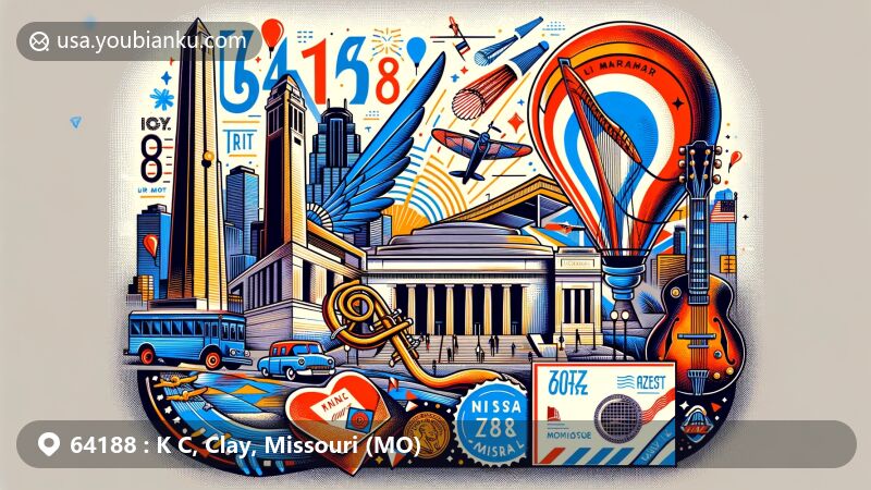 Modern illustration of ZIP code 64188 in Kansas City, Missouri, blending iconic landmarks like the Liberty Memorial and Nelson-Atkins Museum of Art, jazz heritage features like a saxophone and Charlie Parker, and vintage postal elements with ZIP code '64188'.