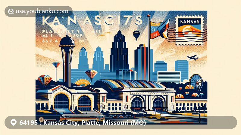 Modern illustration of Kansas City, Platte, Missouri, featuring ZIP code 64195, highlighting Liberty Memorial, Nelson-Atkins Museum of Art, Union Station, jazz culture, and the city flag in a postcard design with stamps and postmarks.