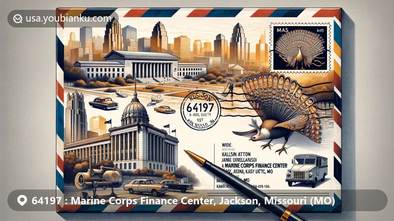 Modern illustration featuring Marine Corps Finance Center in Jackson, Missouri, combined with iconic landmarks of Kansas City, showcasing creative postal theme with vintage air mail envelope, Nelson-Atkins Museum of Art, Kansas City skyline, Missouri state flag stamp, and '64197 Marine Corps Finance Center, MO' postmark.