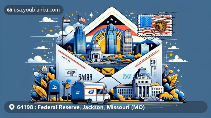 Modern illustration of Jackson County, Missouri, incorporating state flag, Federal Reserve Bank building, and airmail envelope design, featuring Kansas City skyline, Liberty Memorial, USPS van, and classic American mailbox.