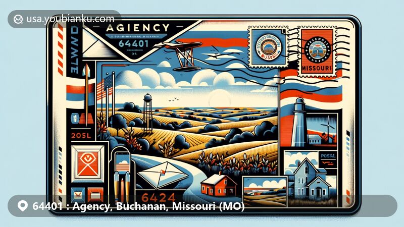 Modern illustration of Agency, Buchanan County, Missouri, highlighting ZIP code 64401, showcasing picturesque landscape with rolling hills and rural setting, integrating Missouri state flag icon and postal theme.