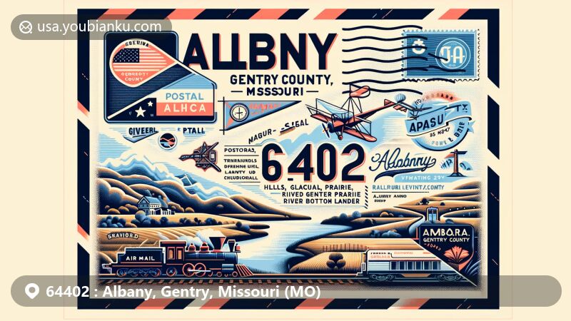 Modern illustration of Albany, Gentry County, Missouri, showcasing postal theme with ZIP code 64402, featuring rolling hills, glacial prairie, and river bottom land.