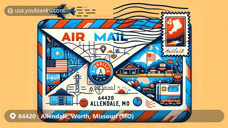 Modern illustration of Allendale, Missouri, featuring air mail envelope with Missouri state flag, map outline of Allendale, postal stamp, and postmark.