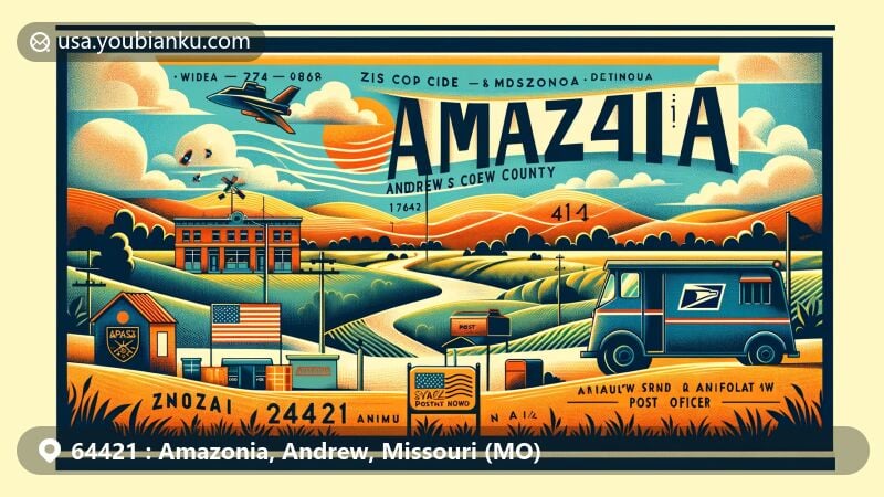 Modern illustration of Amazonia, Andrew County, Missouri, featuring postal theme with ZIP code 64421, showcasing rural landscape and vintage postcard design.